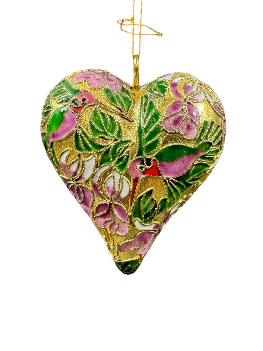 Vntg Cloisonné Enamel Puffy Heart Ornament Hummingbirds & Floral Design